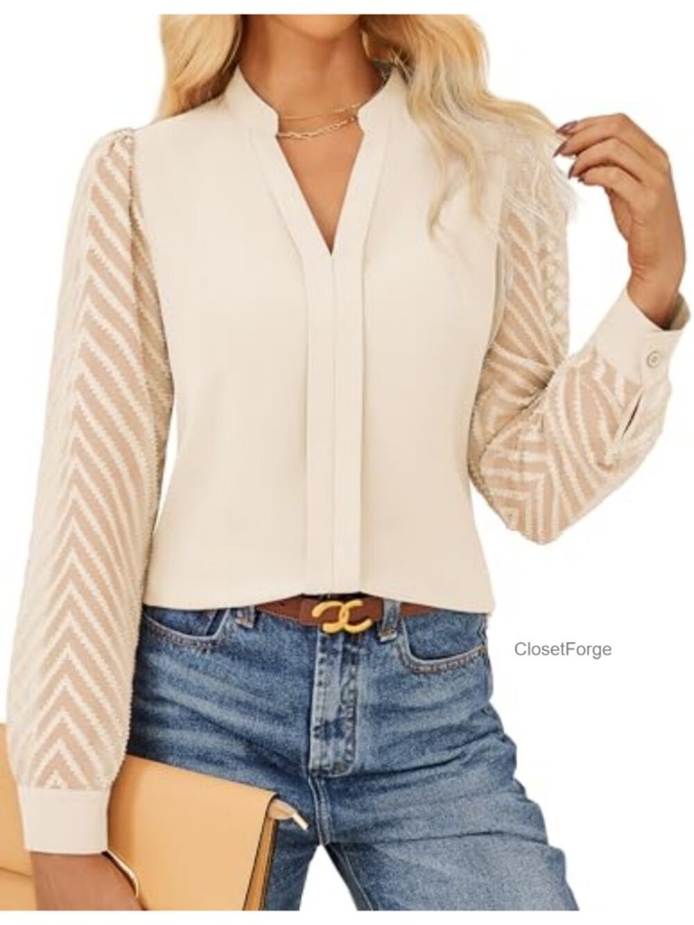 Women's Dressy Business Casual Blouse with Sheer Lace Puff Sleeves V-Neck
